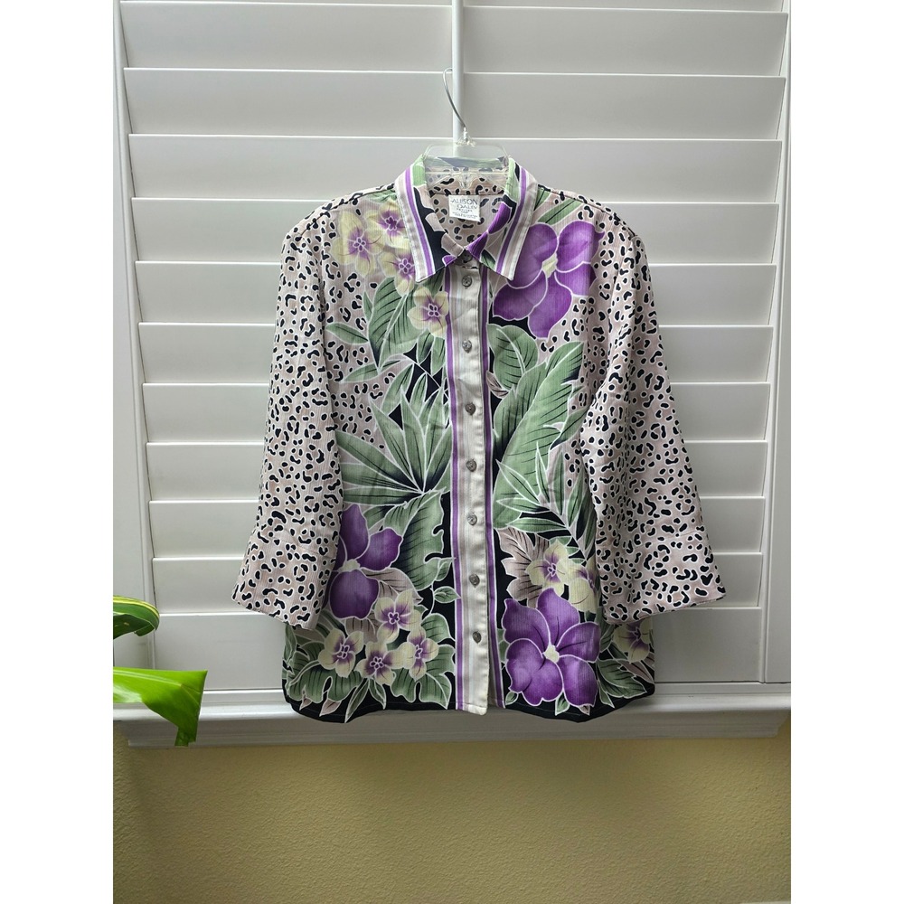 Allison Daley Animal Print Floral Summer Whimsy Petite Up Shirt Size 14P